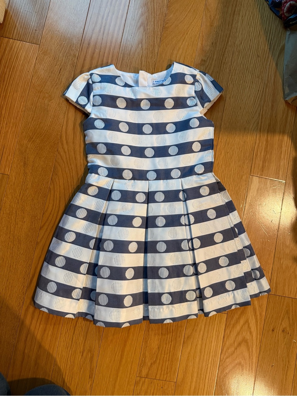 Mayoral Navy and White Striped Polka Dot Fit and Flare Dress